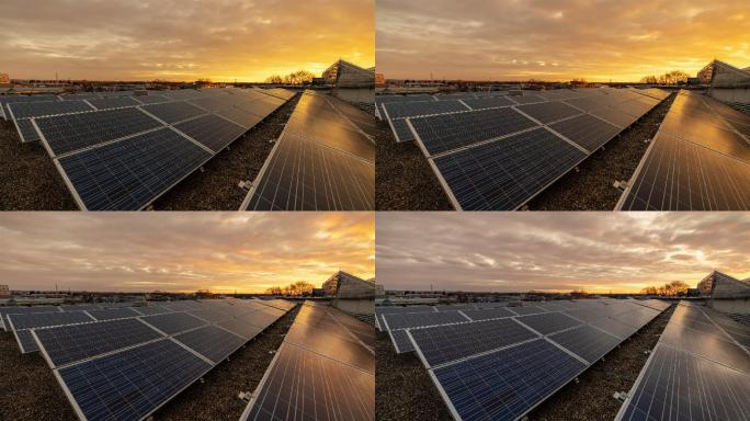 太阳能电池板。替代能源。可再生能源的概念。生态、清洁能源。太阳能电池板，光伏反射着美丽的蓝天。