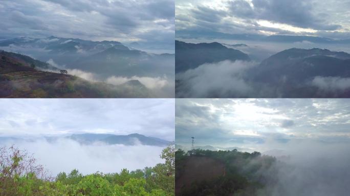 云雾缭绕下的山间村庄航拍4k视频