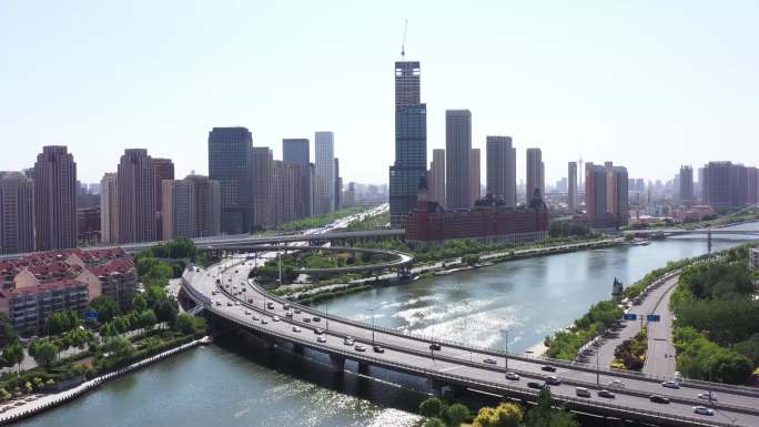 天津快速路立交桥海河道路交通车水马龙街景