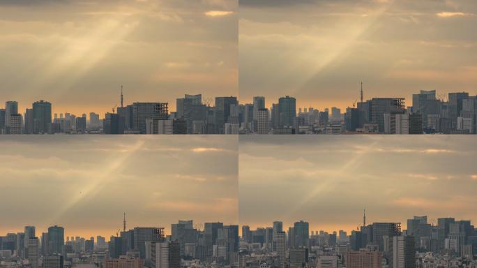 日暮时分，东京塔与各种建筑的城市景观交相辉映