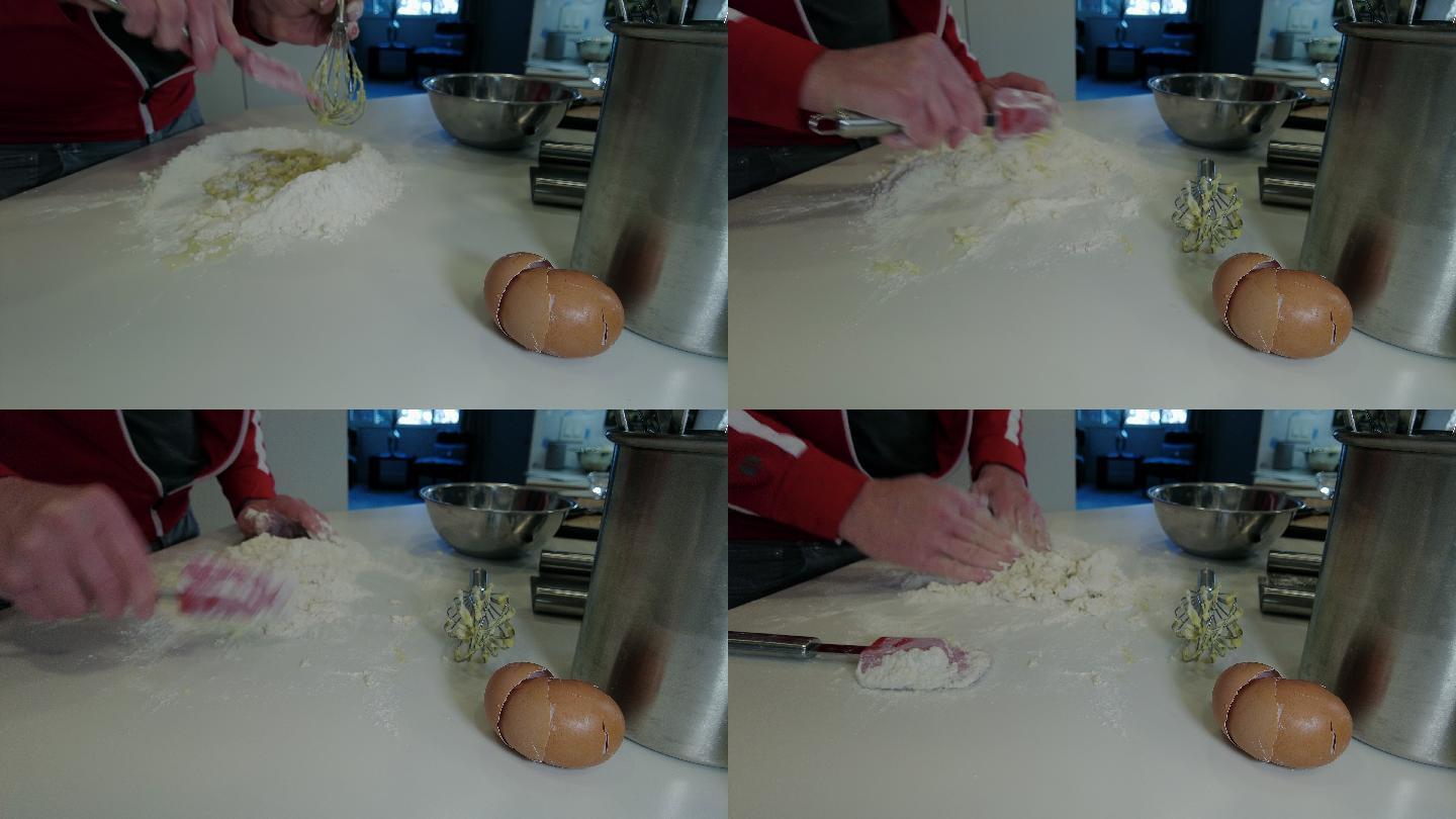 混合面面团家庭烹饪成熟成年男性为鸡汤制作自制鸡蛋面延时视频系列