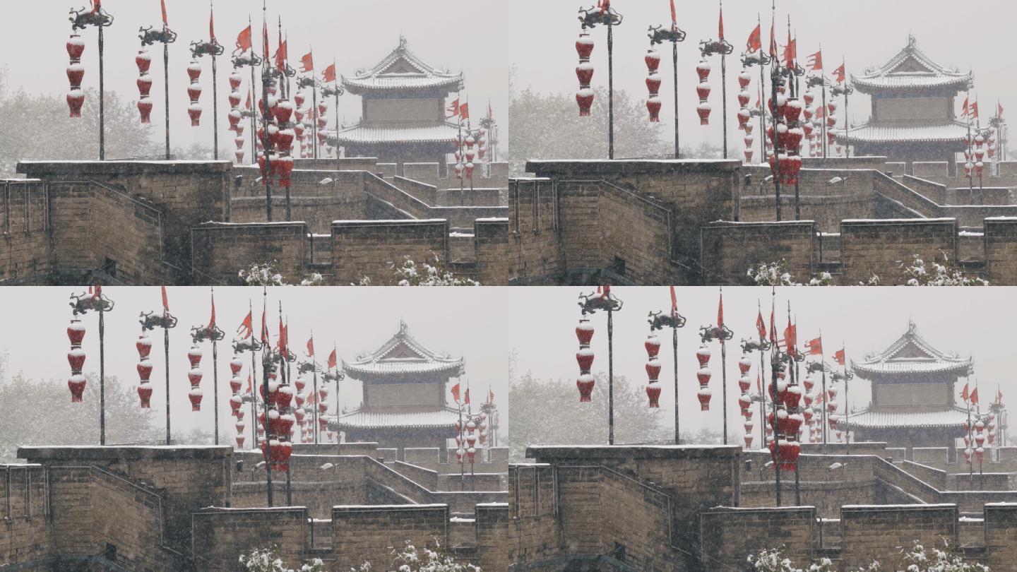 西安雪域古城墙。雪中古城墙大雪纷飞红灯笼