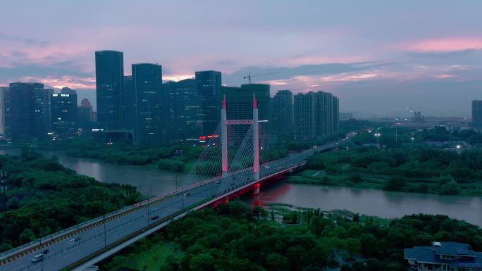 义乌金融商务区商博大桥城市夜景航拍 4K
