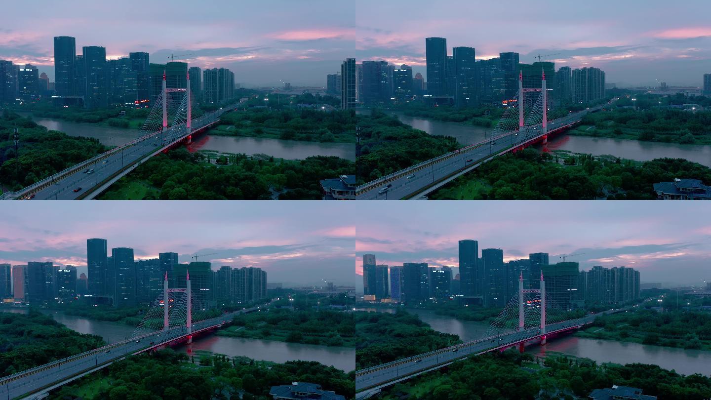 义乌金融商务区商博大桥城市夜景航拍 4K