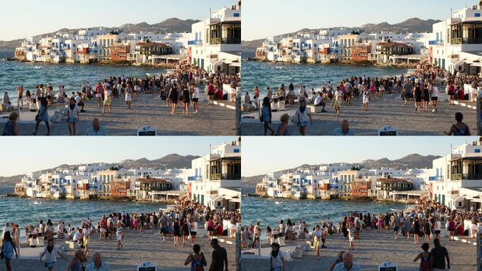 游客聚集在希腊米科诺斯，4k分辨率。