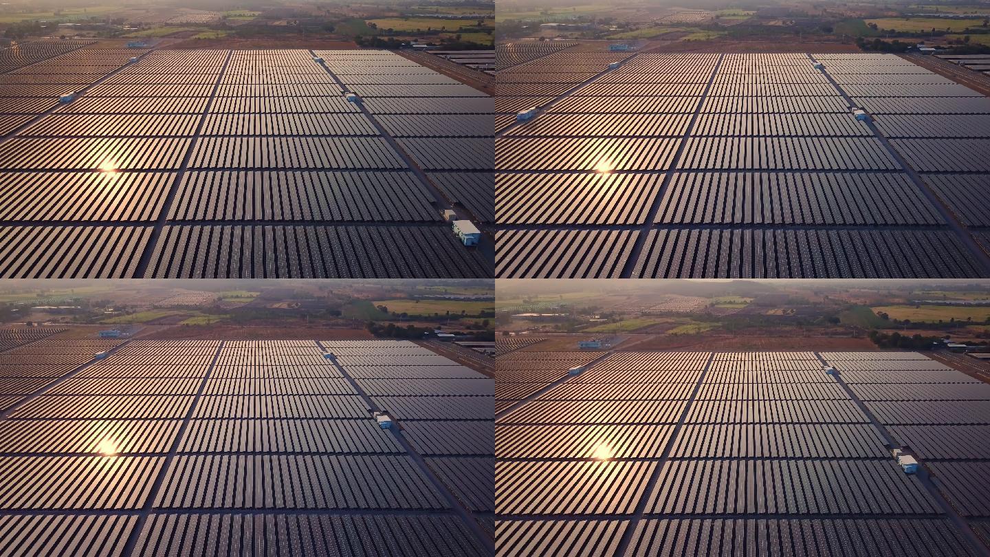 日落天桥拍摄的空中太阳能发电站