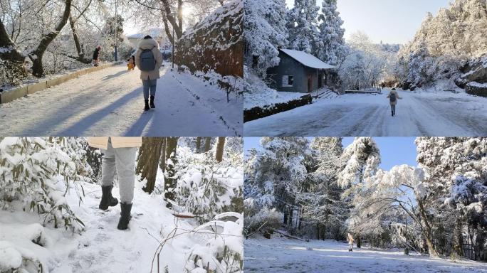 庐山雪景 女孩走路 晴天