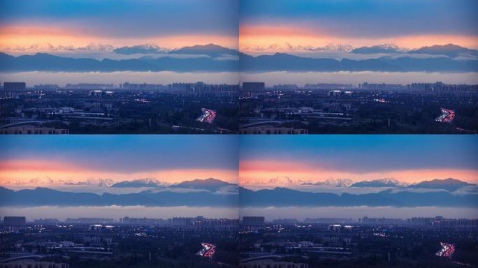 成都夜景双流国际机场上空连绵的雪山