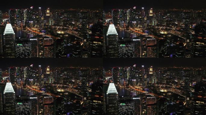 夜间无人机俯瞰新加坡市中心