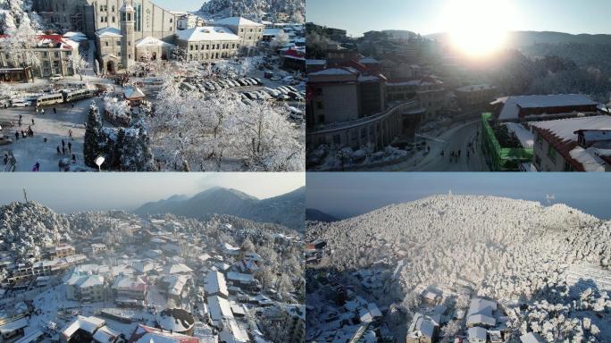 航拍晴天冬季雪景庐山别墅小镇