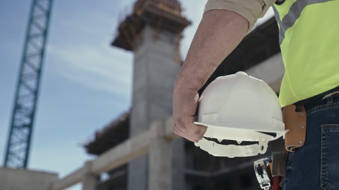 一个身份不明的建筑承包商在施工现场戴着安全帽的4k视频片段