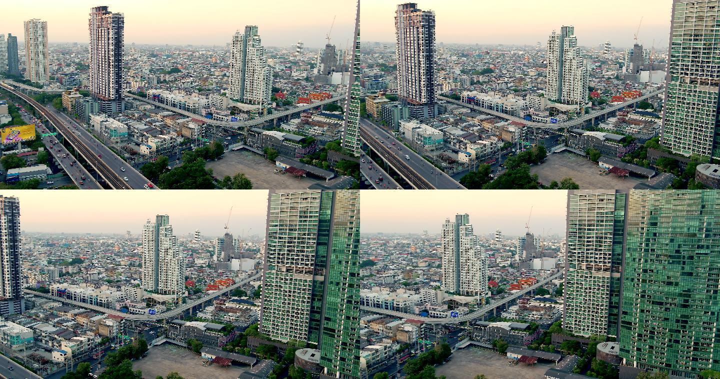 曼谷市区快速移动的全景照片，天空火车轨道和桥梁。