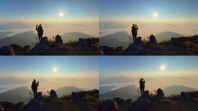 大自然的早晨登山爬山旅游出游游客驴友拍照