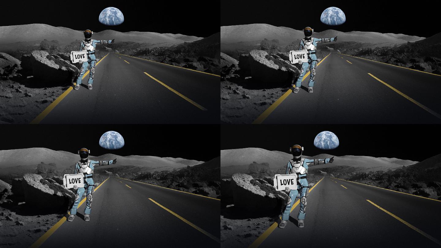 孤独的宇航员寻找爱情。在月球上的山路上搭便车。手持“爱”标志
