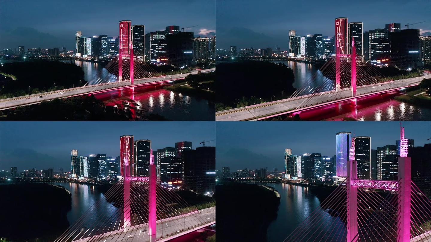 义乌金融商务区商博大桥城市夜景航拍