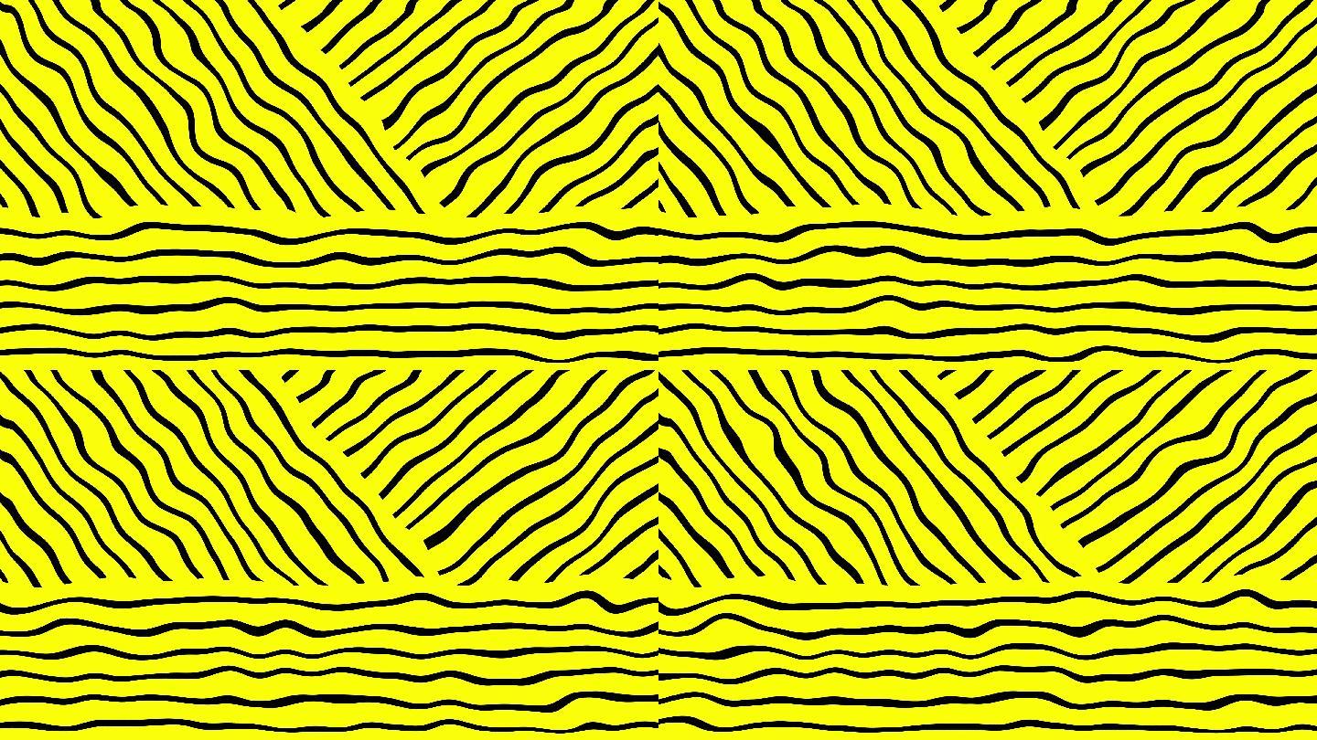 流行抽象波浪黄黑条纹动画背景库存视频-最小对角线斑马图案