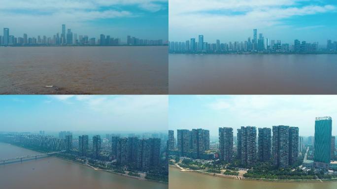 4K航拍长沙雨季湘江洪峰过境沿岸