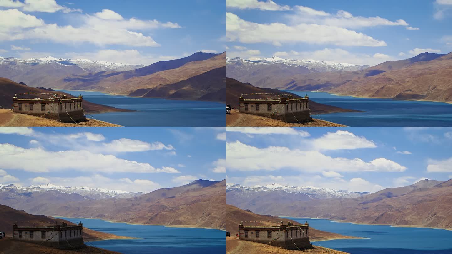 四月西藏山南市羊卓雍措湖上飘过的白云延时