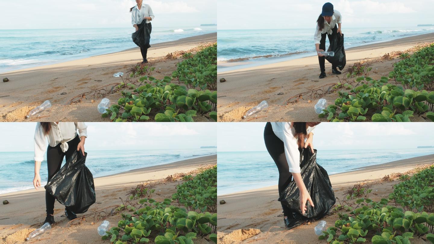 在海滩上清洁年轻女子和收集垃圾。