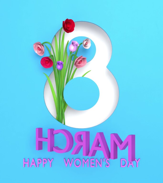 3月8日快乐妇女节文本和鲜花以4K分辨率庆祝3月8日国际妇女节