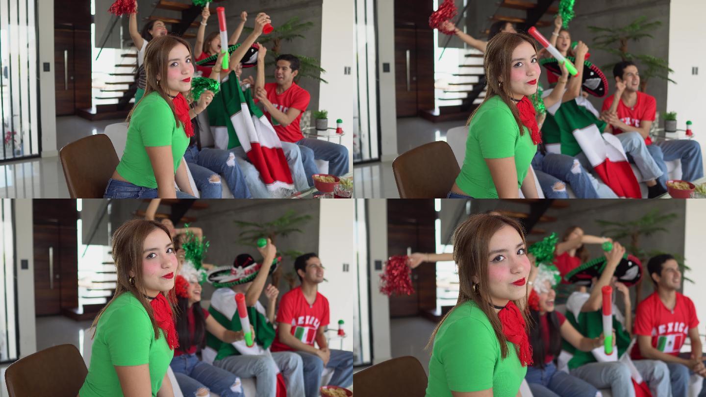 一名少女与朋友在家观看墨西哥足球队比赛的照片