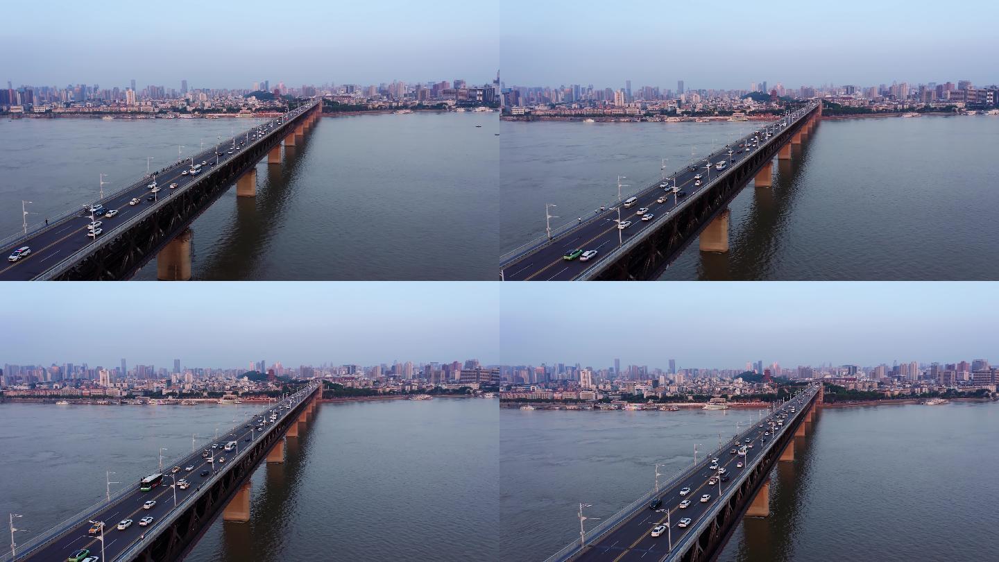 4K航拍武汉长江大桥日落车流