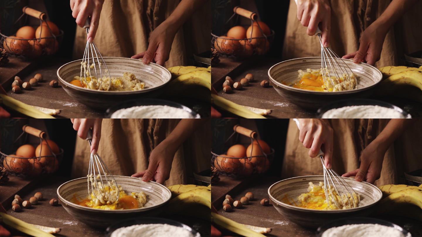 一名女子在厨房准备香蕉面包面糊的特写镜头