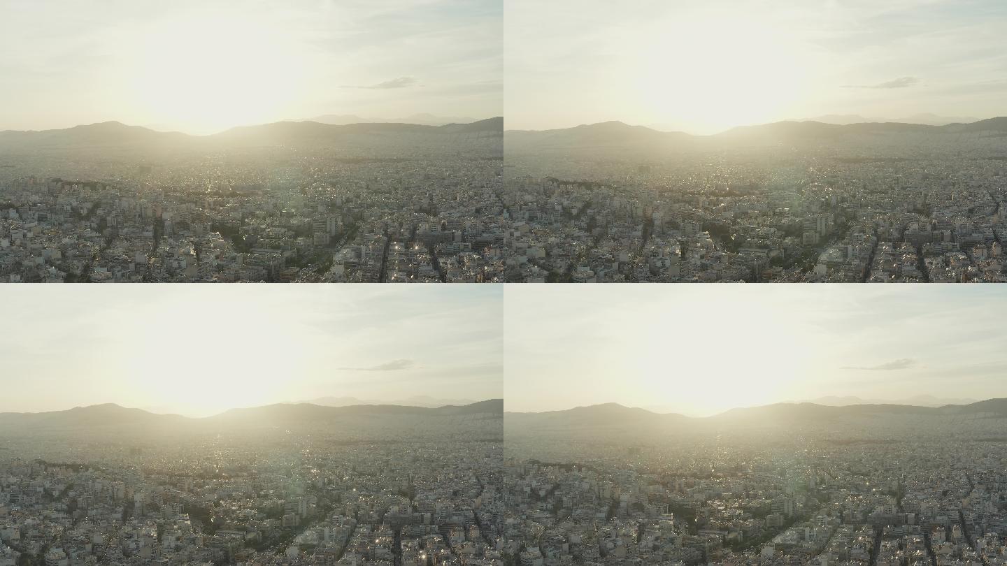日落时分，黄昏时分，雅典从城北鸟瞰全景——普赛奇科、查兰德里、马鲁西、加拉茨、附近的山丘和被遗弃的普