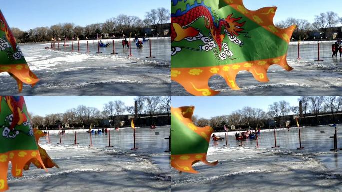 雪地滑雪游人游客公园游玩三角红旗随风飘动