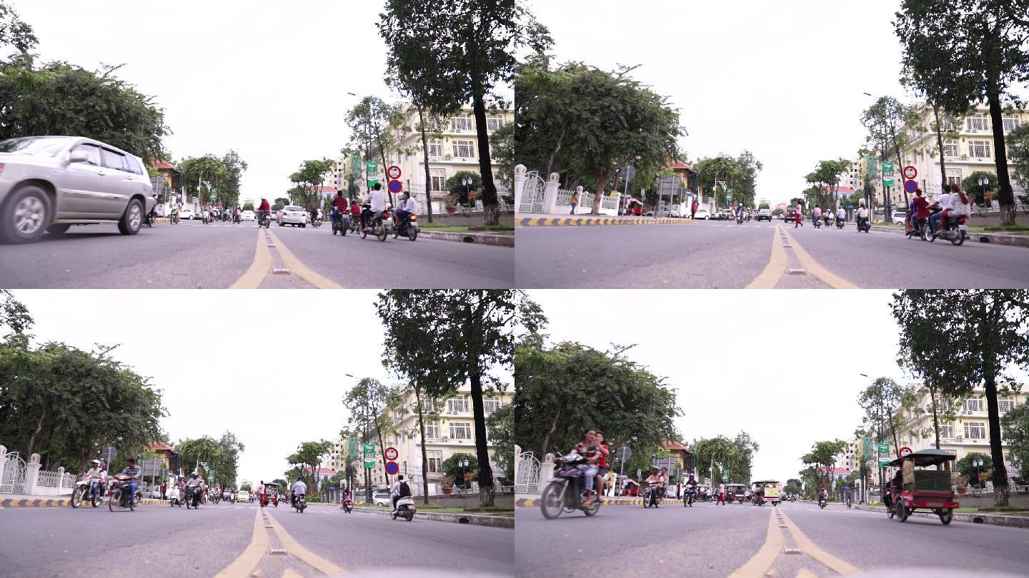柬埔寨街头 东南亚街头  摩托车流 写意