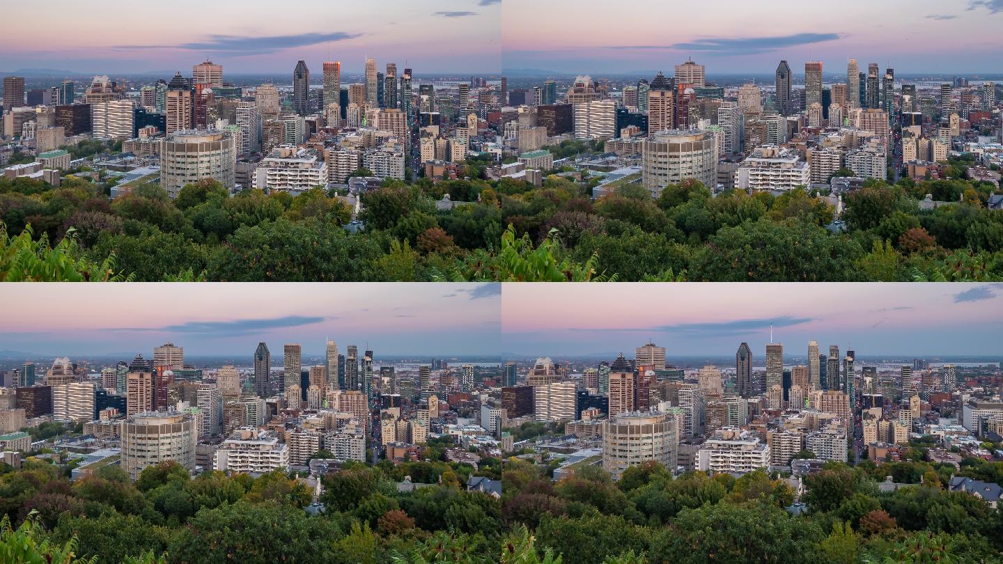 加拿大日落时分俯瞰蒙特利尔市中心全景