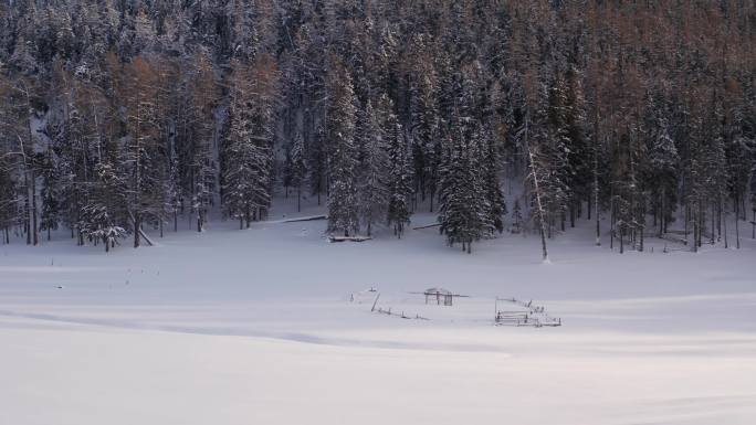 喀纳斯冰雪中的小景房屋框架孤寂感