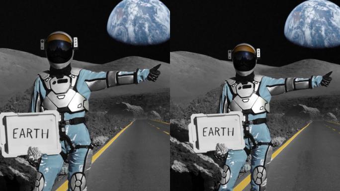 正在寻找返回地球的航天员。在月球上的山路上搭便车。保持“接地”标志