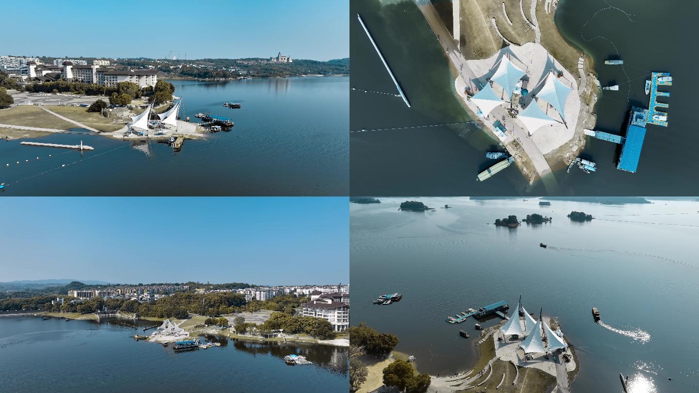 重庆长寿湖帆船雕塑建筑航拍集合