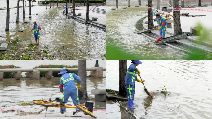 广州三组镜头清洁人员清理暴雨垃圾台风