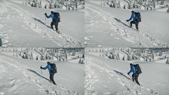 斯洛莫山徒步旅行者在坎尼克萨文加阿尔卑斯山的一个斜坡上涉过新鲜的积雪