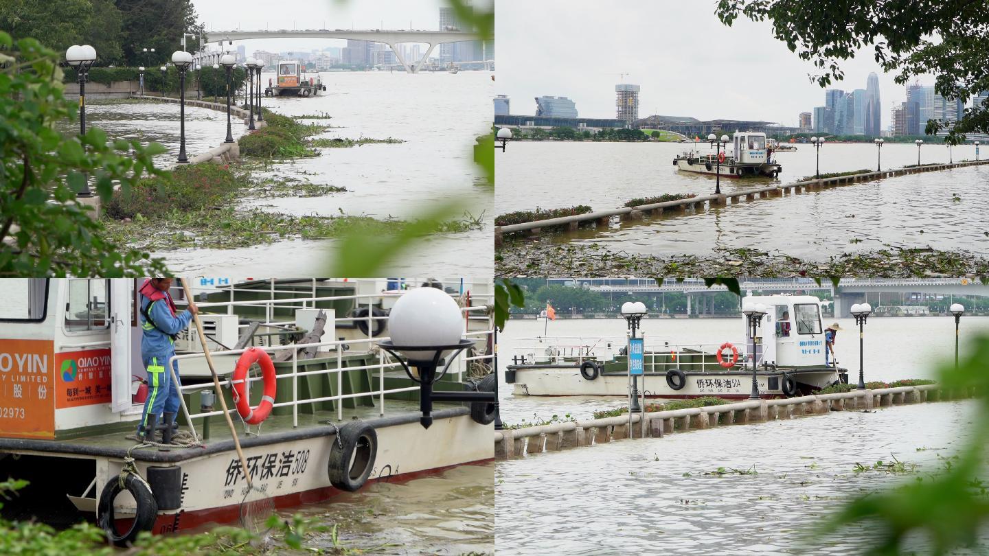 广州三组镜头清洁船只清理垃圾 暴雨 台风