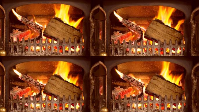 木材在木炉中燃烧碳火取暖西方
