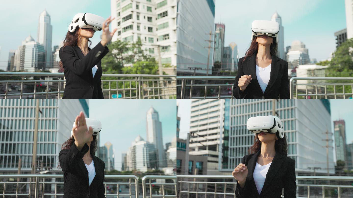 女商人戴着虚拟现实眼镜在城市户外工作。具有无线技术概念背景。