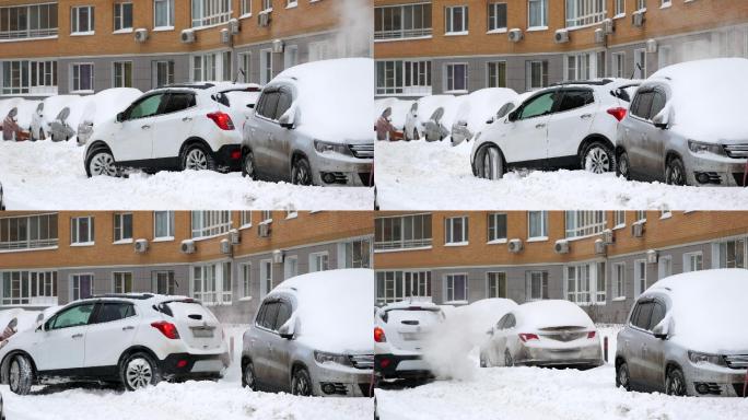 大雪，雪地里的汽车