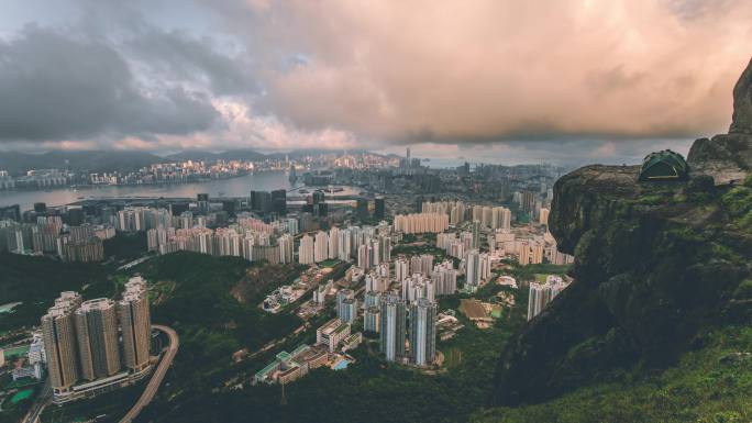 香港飞鹅山顶全景城市风光延时