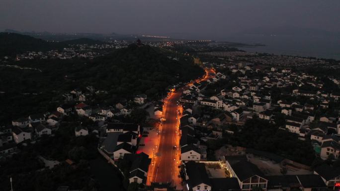 航拍西山太湖金庭镇夜景