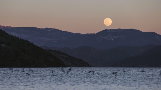 一轮明月从泸沽湖升起