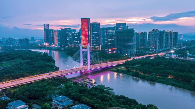 义乌城市地标建筑夜景车流航拍延时