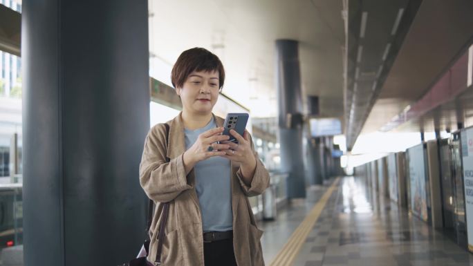 亚洲华人女性使用人脸识别技术解锁手机并打开手机应用程序听音乐