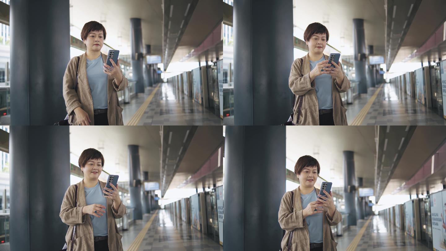 亚洲华人女性使用人脸识别技术解锁手机并打开手机应用程序听音乐
