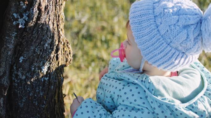 母亲教宝宝爱树、爱自然、爱可持续发展。育儿。