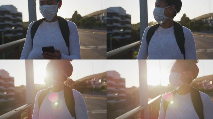 混血妇女戴着医用口罩在街上