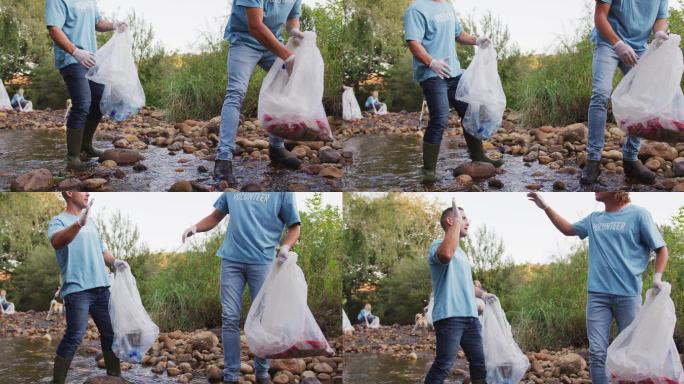 中年人在河流清理日做义工