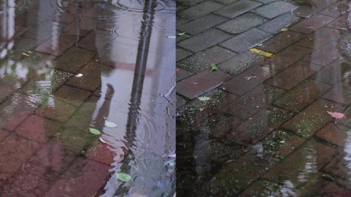 打伞的人走过雨中路面积水